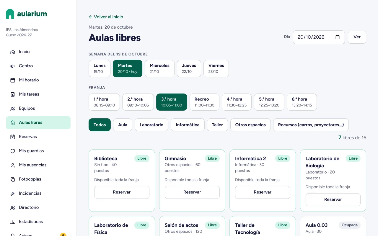 Aulas libres de Aularium por franja horaria, con el botón para reservar cada espacio