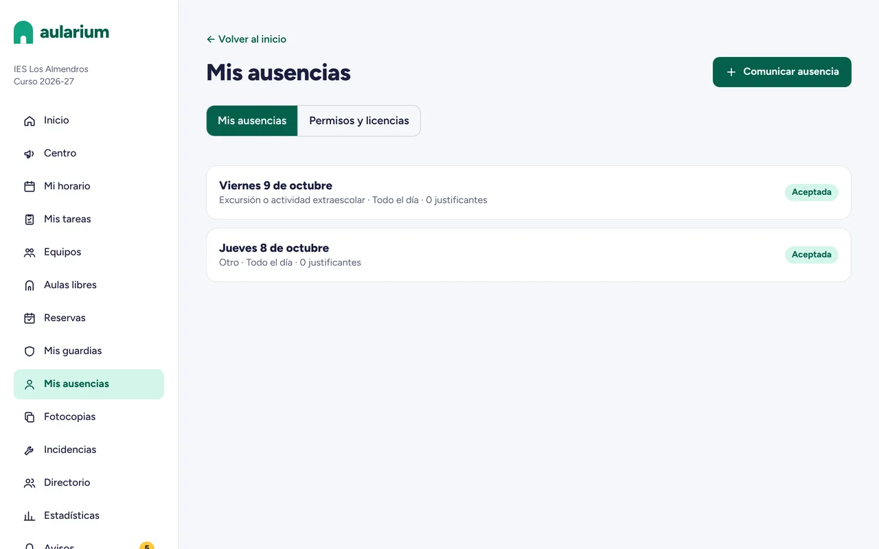 Lista de ausencias de un docente en Aularium con su estado