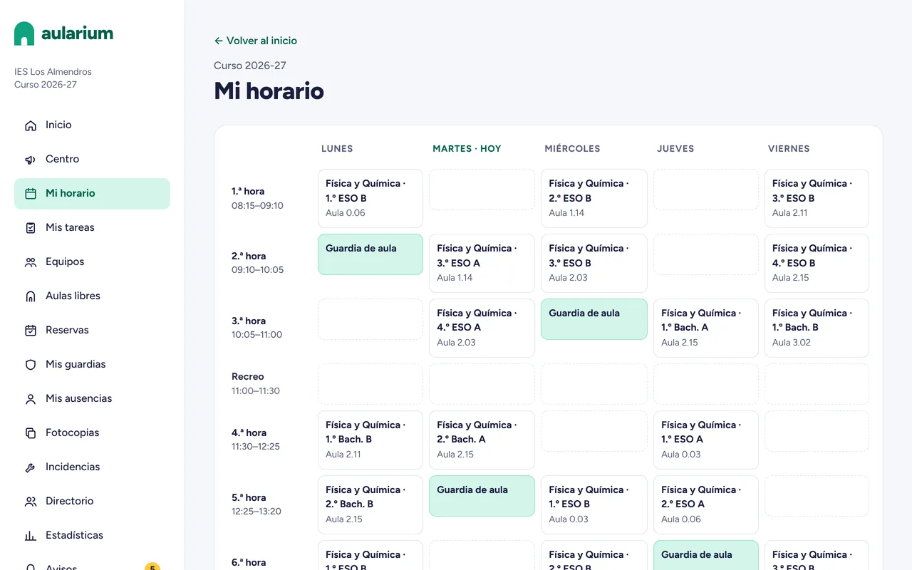 Horario semanal de un docente en Aularium, con sus clases y sus guardias de aula