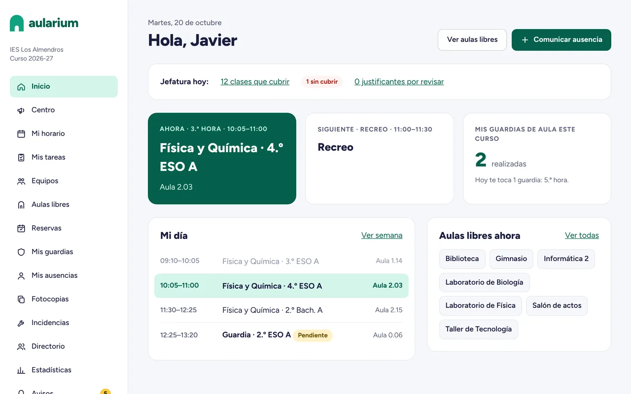 Pantalla de inicio de Aularium con el horario del día, las aulas libres y el resumen de jefatura