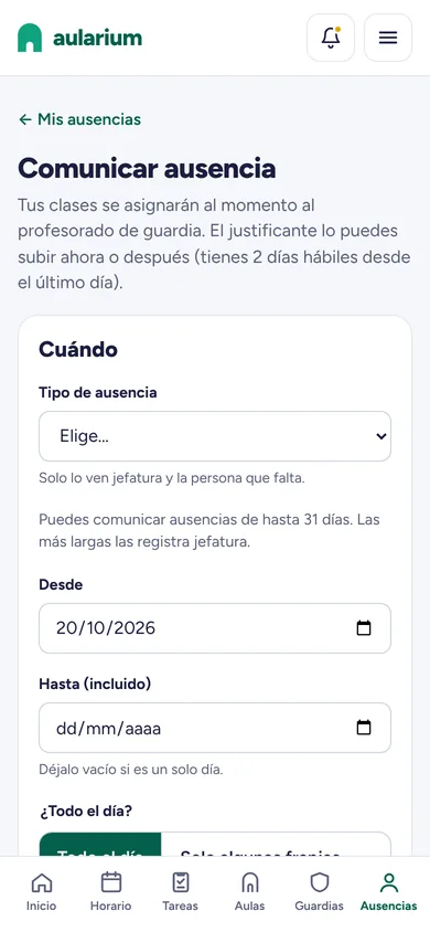 Formulario de Aularium en el móvil para comunicar una ausencia