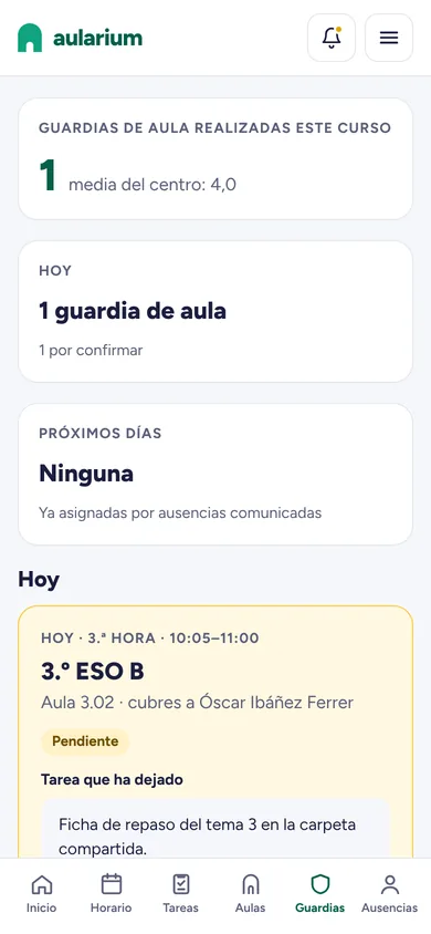 Aularium en el móvil: inicio del día y guardia asignada con la tarea que ha dejado el compañero