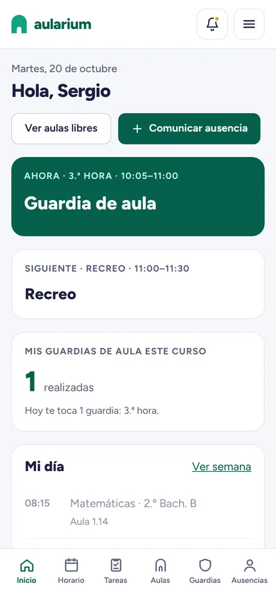Aularium en el móvil: inicio del día y guardia asignada con la tarea que ha dejado el compañero